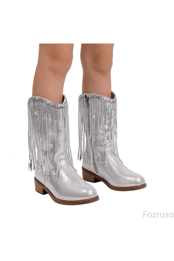 Carnival Fringe Mid Calf Boots Slip On Fashion Casual Heel Girls Ankle Booties For Party And Daily Wear,Sizes 10(4-4.5 Years)