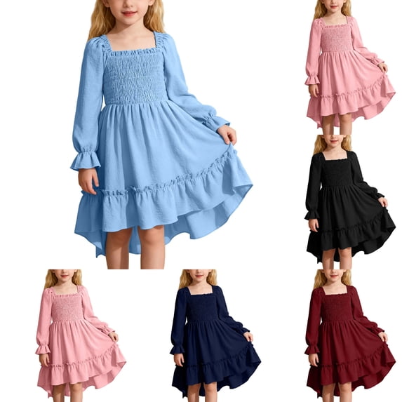Fozruso Casual Floral Dresses Summer Girls Dress With Square Neck Flutter Sleeves And Flared Hem Elegant Ruffle Trim Boho Length Party Dress For Toddler Kids Sizes 4-5 Years(Blue)
