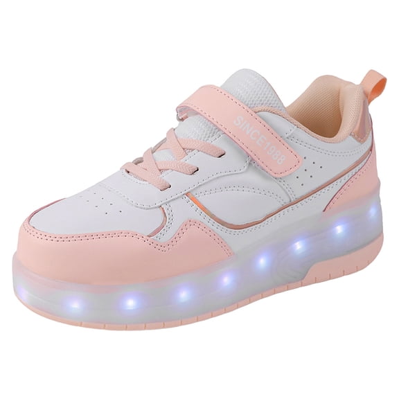 Fozruso Children Shoes Thick Soled Sneakers With Wheels Fashionable Light Shoes USB Rechargeable Skate Sneakers Sizes 2 Big Kid(Pink)