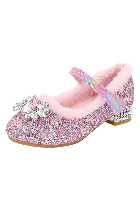 Children Warm Thick Heeled Shoes With Soles Fashionable Princess Casual Flat Shoes With Diamonds Sizes 1 Big Kid(Pink)