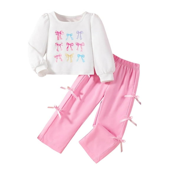 Fozruso Clothing Sets For Girls Girls' Hoodie Set Bow Splicing Printed Wide Leg Overalls Autumn Style Children's Two Piece Set,1-2 Years(White)