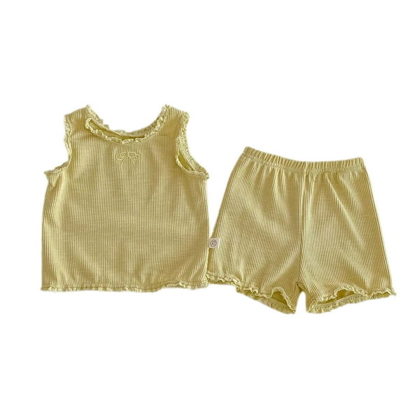 Fozruso Clothing Sets For Girls Summer Girls' And Boys' Baby Pure Color Round Neck Lace Trimmed Sleeveless Top And Shorts Set,12-18 Months(Yellow)