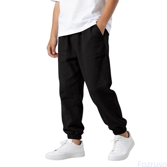Fozruso Comfortable And Stylish Boys Casual Trousers For Autumn Linen Blend Long Pants With Elastic Waist Casual Long Pants Sizes 5-6 Years(Black)