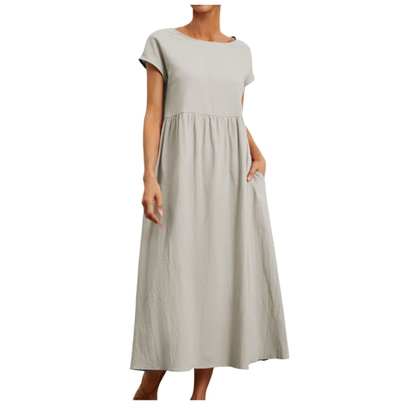 Fozruso Crew Neck Dress For Women Casual Comfy Cotton Short Sleeve Tunic Beach Dresses With Pockets