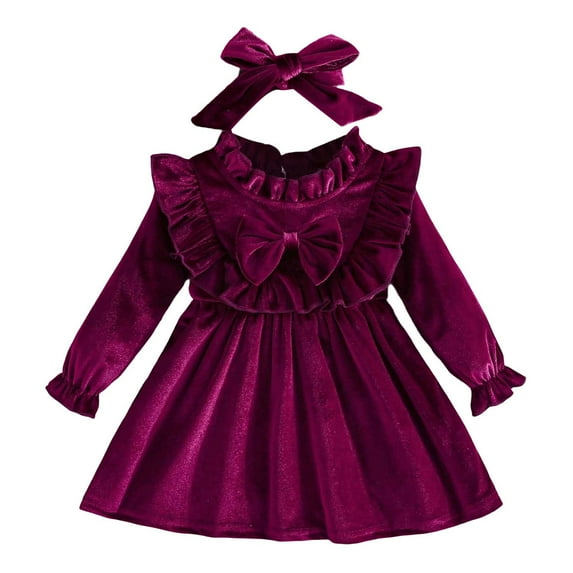 Fozruso Cute Casual Dresses Girls Velvet Long Sleeve Dress Party Outfit With Bow Headband Toddler Baby Formal Holiday Elegant Christmas Birthday Sizes 2-3 Years