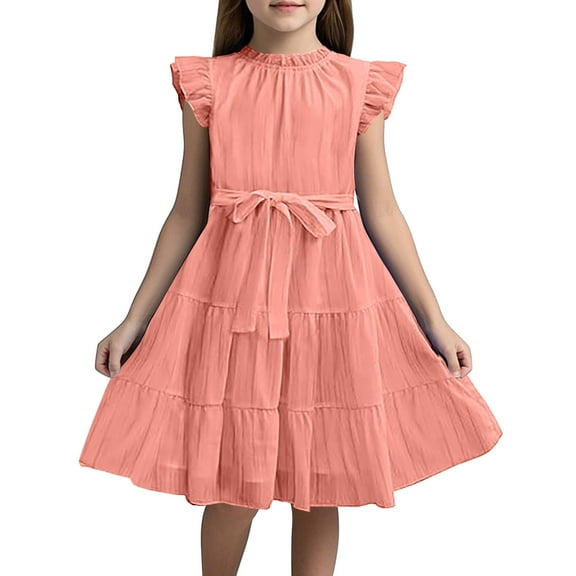 Fozruso Cute Casual Dresses Ruffle Sleeves Summer Dress Ruffle Neck Chiffon Dress Plain Children's Dress Elegant A Line Party Dress Kids Festive Dress With Belt 5 13 Years Sizes 8-9 Years