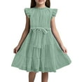 thumbnail image 1 of Fozruso Cute Casual Dresses Ruffle Sleeves Summer Dress Ruffle Neck Chiffon Dress Plain Children's Dress Elegant A Line Party Dress Kids Festive Dress With Belt 5 13 Years Sizes 6-7 Years, 1 of 5