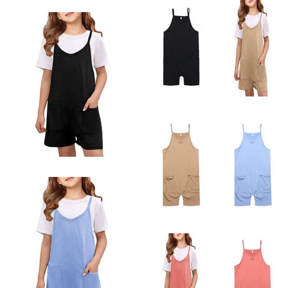 Fozruso Cute Jumpsuits for Girls Girls Summer Sleeveless Casual Romper Spaghetti Strap Shorts Jumpsuit With Pockets Sizes 11-12 Years(Blue)