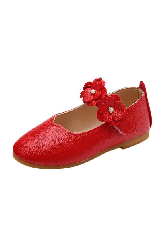 Dance Flower Shoes Student Soft Solid Children Baby Princess Girls Single Kid Baby Shoes Sizes 13.5 Big Kid(Red)