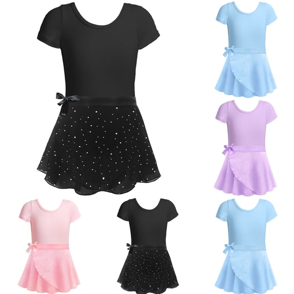 Fozruso Dresses for School Casual Ballet Leotards For Girls With Removable Skirt Combo Tie Ruffle Sleeve Ballet Dance Dress Outfit 2 12 Years Sizes 3-4 Years(Purple)