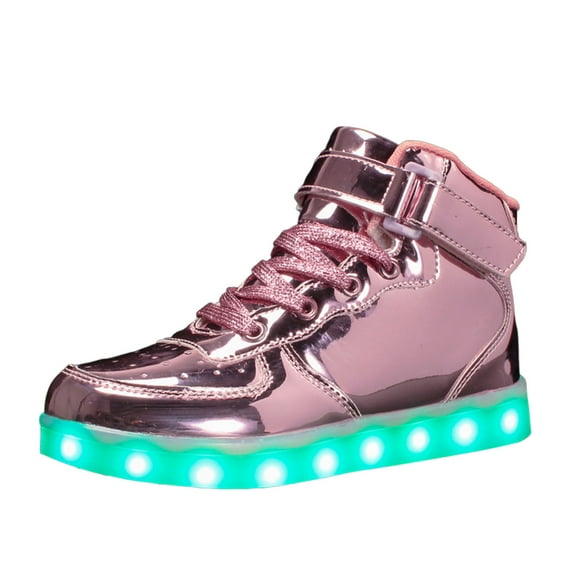 Fozruso Fashion Children Girls Sports Shoes Flat Thick Bottom Lightweight Non SlipLuminous Flashing Trainers Shoes With LED Lights USB Charging Lace Up Shoes Sizes 14.5 Big Kid(Pink)