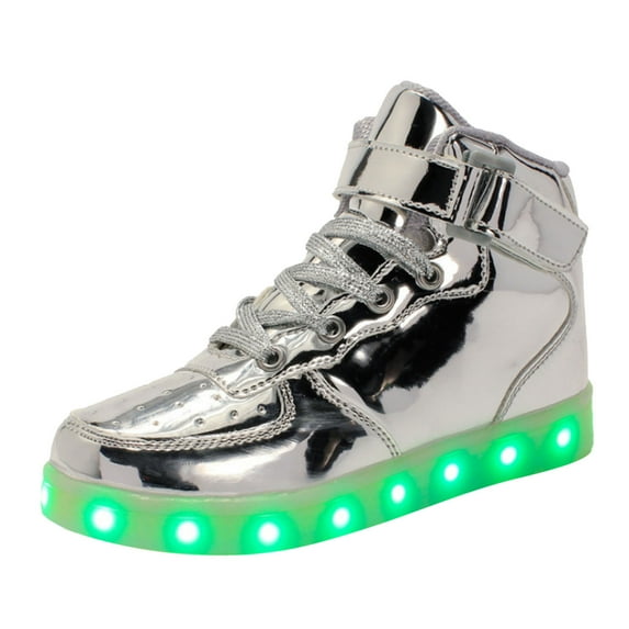 Fozruso Fashion Children Girls Sports Shoes Flat Thick Bottom Lightweight Non SlipLuminous Flashing Trainers Shoes With LED Lights USB Charging Lace Up Shoes Sizes 13 Big Kid(Silver)