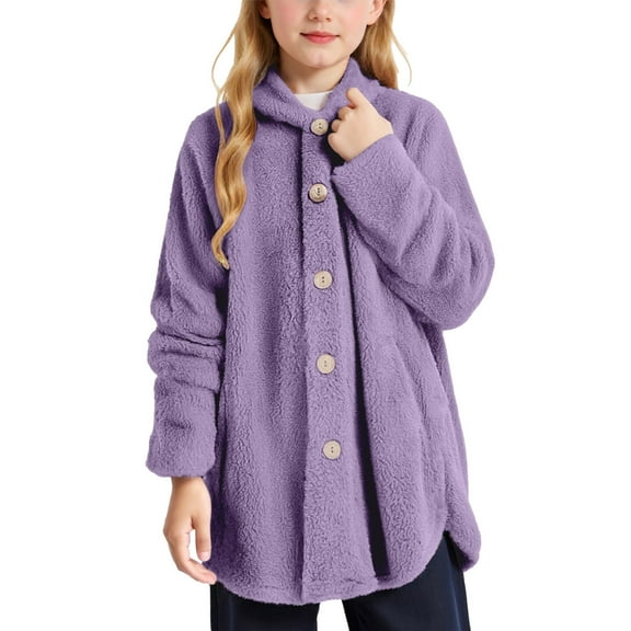 Fozruso Fleece Jacket Casual 13-14 Years,Soft Fleece Jacket For Girls Cozy Winter Outerwear With Pockets Warm Hooded Coat For Toddler And Kids Purple