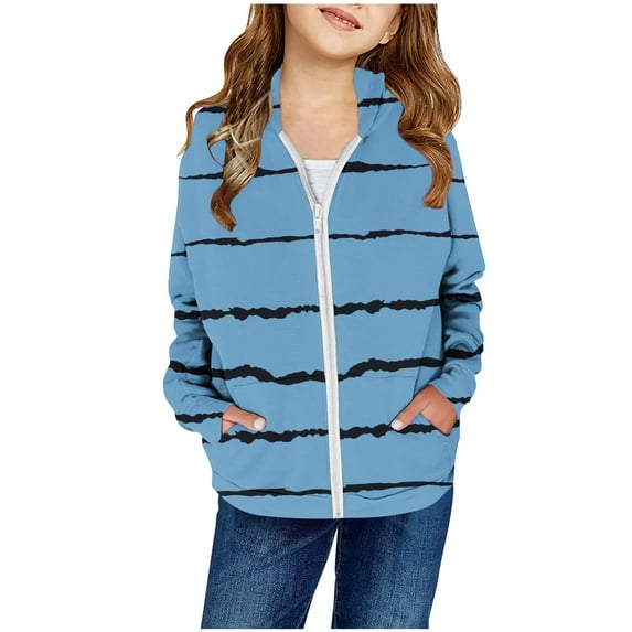Fozruso Fleece Lined Jacket Girls 5-6 Years,Girl's Autumn And Winter Print Patch Pocket Zipper Sweatshirt Hooded Cardigan Jacket Blue