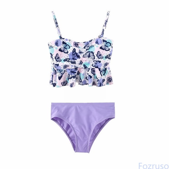 Fozruso Girl's Butterfly Print Suit Summer Suspender Pleated Top Shorts Suit 2 Piece 2 Piece Swimsuit Sizes 12-14 Years