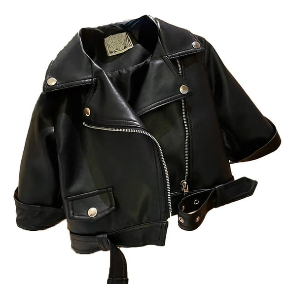 Fozruso Girl's Lapel Zipper Leather Jacket 12-18 Months,Winter Warm Outerwear with Pockets