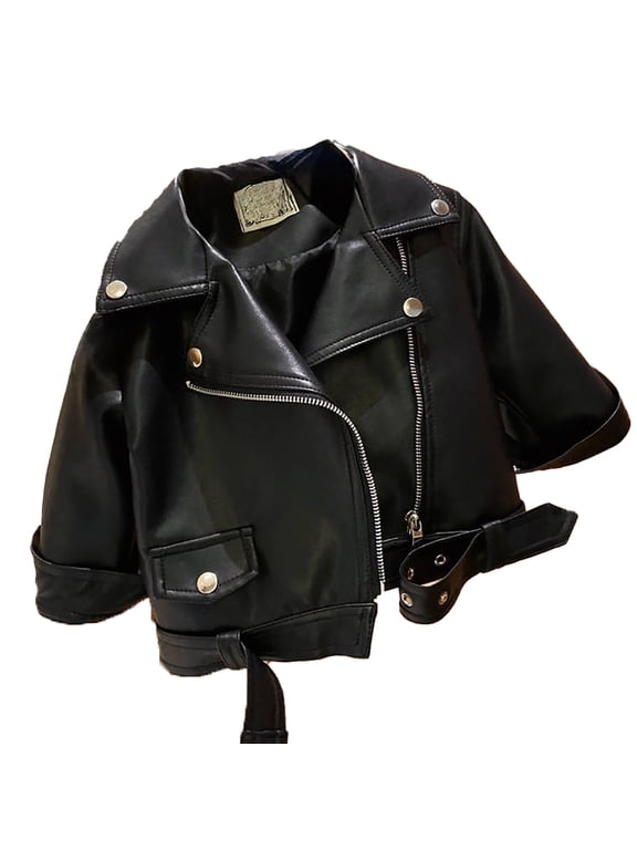Girl's Lapel Zipper Leather Jacket 18-24 Months,Winter Warm Outerwear with Pockets