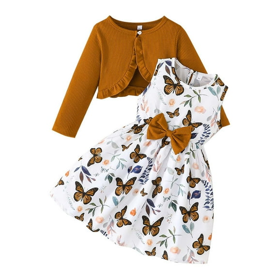 Fozruso Girls 2PC Clothing Set Girls Outfits 2 Piece Set Toddler Dresses With Jacket Casual Outfits For Baby Girls Fashion Sleeveless Dress And Cardigan Two Piece Outfit,6-7 Years(Orange)