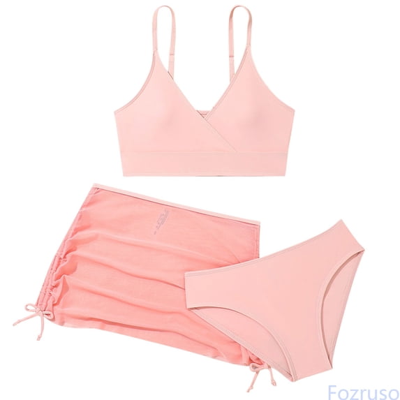 Fozruso Girls 3 Piece Plain Swimsuit Wrap Bikini With Ruched Cover Up Skirt Set 3 Piece Swimsuit Sizes 10-11 Years
