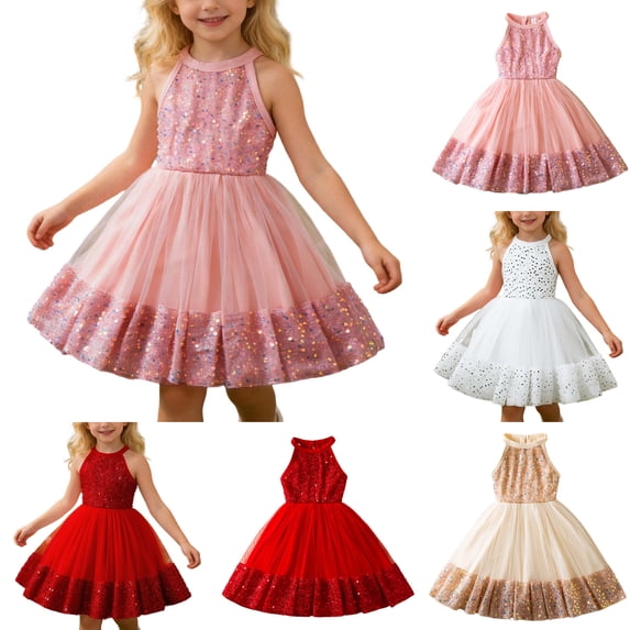 Fozruso Girls A-Line Dresses Sparkly Dress For Girls Summer Party Gown With Sequin Details Elegant Birthday Celebration Attire Sizes 5-6 Years(Gold)