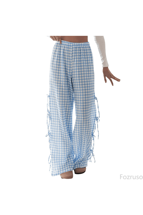 Girls Active Jogger Pants Little Girls Kids Wide Leg Gingham Pants Elastic High Waist Side Tie Loose Fit Plaid Trouser Lace Up Pants Sizes 13-14 Years