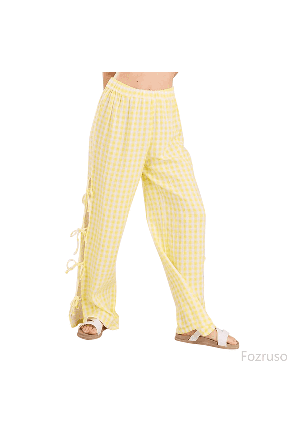 Girls Active Jogger Pants Little Girls Kids Wide Leg Gingham Pants Elastic High Waist Side Tie Loose Fit Plaid Trouser Lace Up Pants Sizes 5-6 Years