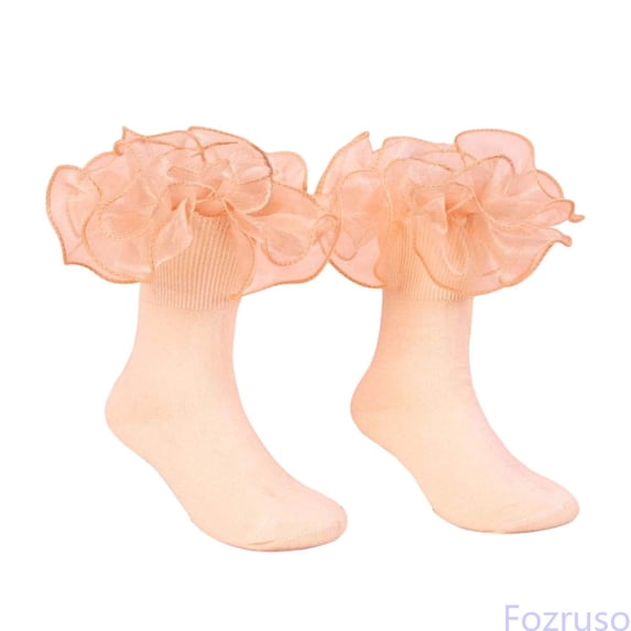 Fozruso Girls' Ankle Socks Lace Dress School Uniform Crew Socks For Kids Girls Daily Wear,Beige,L