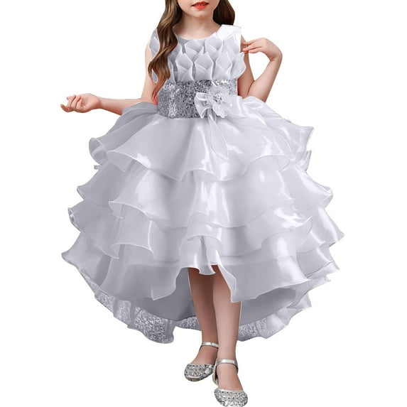 Fozruso Girls Basic Dress Children's Solid Color Irregular Mesh Lace Knee Length Trailing Wedding Dress Puffy Dress Dress Sizes 5-6 Years