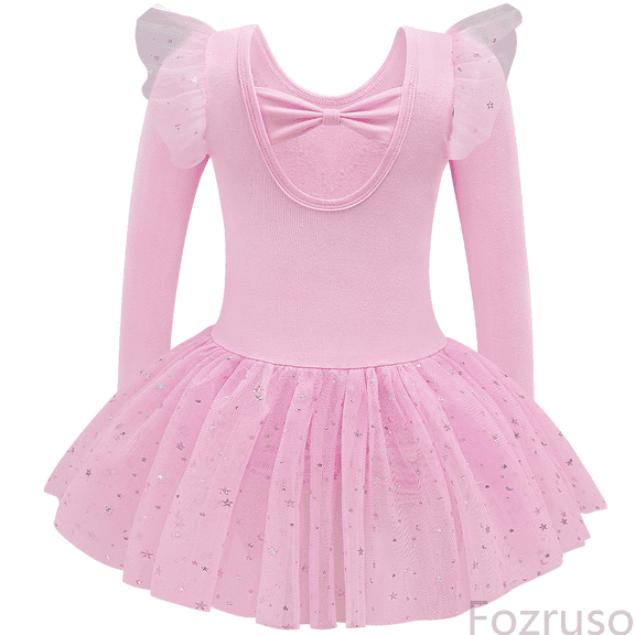 Fozruso Girls Basic Dresses Girls Long Sleeve Dance Dress With Shimmering Sequins And Layered Skirt For Performance Recital Ballet Tutu Outfit Sizes 3-4 Years