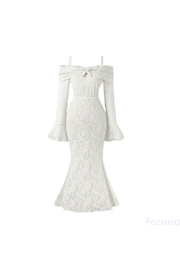 Girls Basic Dresses Kids Elegant Off Shoulder Midi Dress For Girls With Flared Sleeves And Lace Detail For Spring Fall Outfits Sizes 8-9 Years