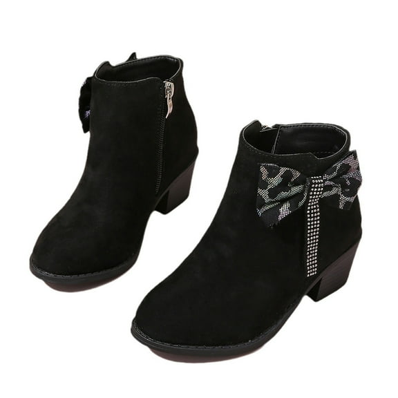 Fozruso Girls Big Kids Diamond Bowknot Ankle Boots Winter Gifts Short Boots For Kids Chunky Heel Children Fashion Boots,Sizes 13(7-8 Years)