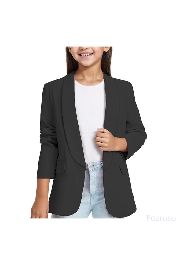 Girls Blazer Jacket Long Sleeve Lapel Collar with Pocket Open Front Casual Kids Girls Formal Suit,Sizes 9-10 Years Black
