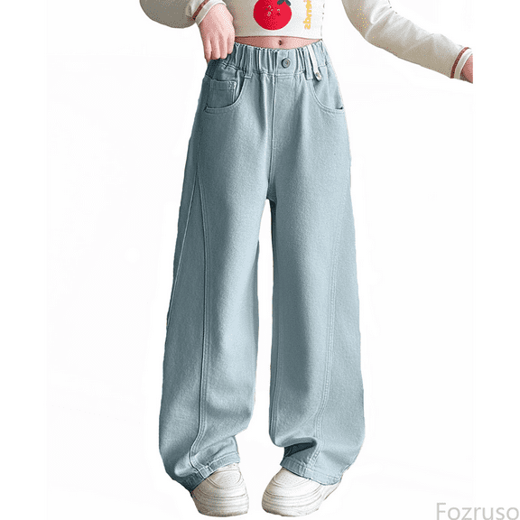 Fozruso Girls Cargo Jogger Pants Girls Fashion Cute Personality Fleece Lined Pants Elastic Waist Wide Leg Jeans Casual Demin Pants With Pockets Sizes 4-5 Years