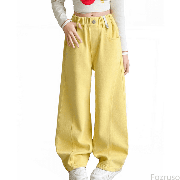 Fozruso Girls Cargo Jogger Pants Girls Fashion Cute Personality Fleece Lined Pants Elastic Waist Wide Leg Jeans Casual Demin Pants With Pockets Sizes 6-7 Years