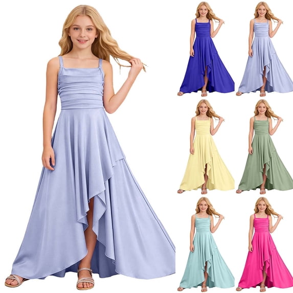 Fozruso Girls' Casual Dress Tiered Ruffle Spaghetti Strap Dress Ruched Flowy Summer Maxi Sundress,15-16 Years