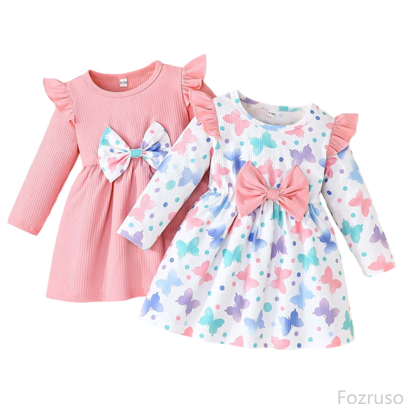 Fozruso Girls Casual Dresses Autumn Long Sleeve Solid Color Dress With Print Two Piece For Baby Girls And Toddlers Sizes 12-18 Months
