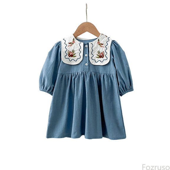 Fozruso Girls Casual Dresses Elegant French Collar Embroidered Floral Dress For Girls With Puff Sleeves And Flowy Skirt For And Photoshoots Sizes 3-4 Years