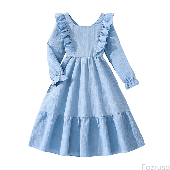 Fozruso Girls Casual Dresses Elegant Ruffle Long Sleeve Girls Party Dress With Backless And Bow For Kids Teen Sizes 11-12 Years
