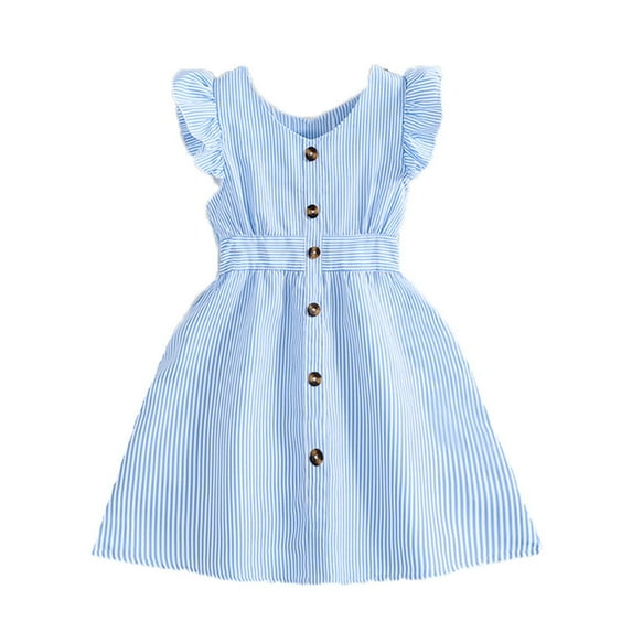 Fozruso Girls Casual Dresses Girls Summer Casual Dress Sleeveless A Line Button Down Ruffle Hem Striped Dresses Sizes 4-5 Years