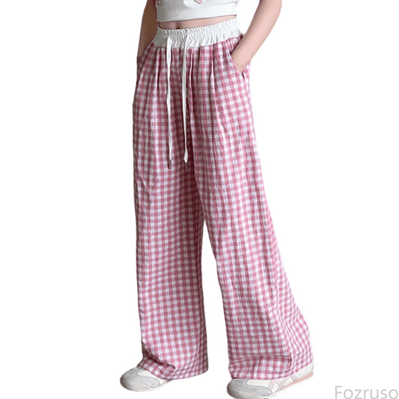 Fozruso Girls Casual Pants Girls Pants Casual Straight Leg Checkered Print Elastic Waist Comfortable Daily Wear For Kids Age 6 15 For School Outdoor Vacation Spring Summer Fall Sizes 150