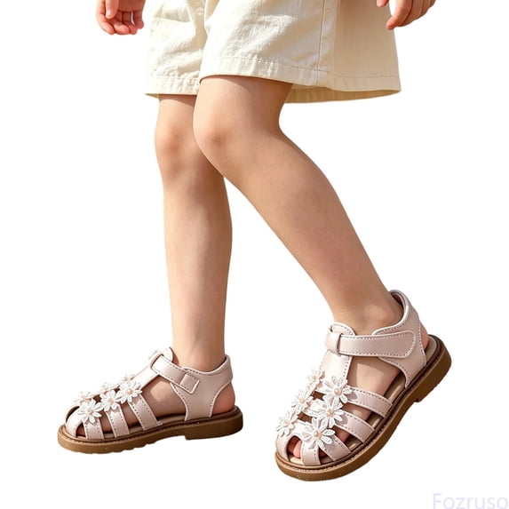 Fozruso Girls Close Toe Flat Sandals,Sizes 9.5 Little Kid,Girls Pearl Sandals For Toddlers Softsole Beach Shoes For Little Princesses Lightweight Summer Sandals For Girls