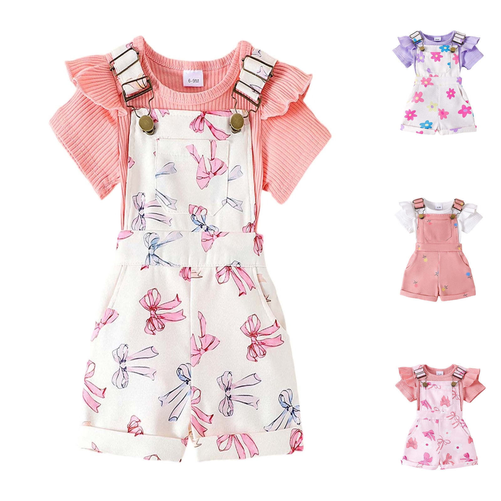 Girls Clothing Sets Baby Girls Summer Outfits Set Ribbed Short Sleeve Romper With Adjustable Straps Shorts For 0 3 Years Old Toddler Outdoor Play Sizes 2-3 Years(Purple)