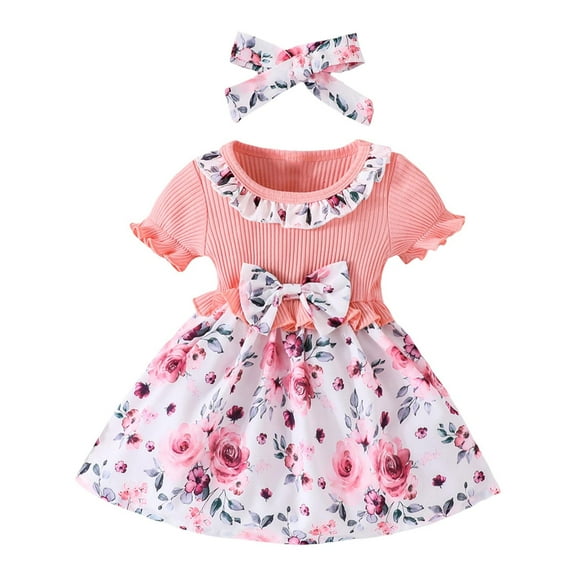 Fozruso Girls Clothing Sets Children's Baby Girl Toddler Short Sleeve PitStripe Floral Print Dress Hijab Two Piece Set,9-12 Months(Pink)
