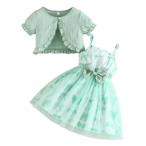 Fozruso Girls Clothing Sets Girls Summer Outfits 2 Piece Set Bow Tie Sleeveless Dress With Cardigan Casual Toddler Dresses For Girls Age 2 8 Years Cute And Daily Wear,7-8 Years(Green)