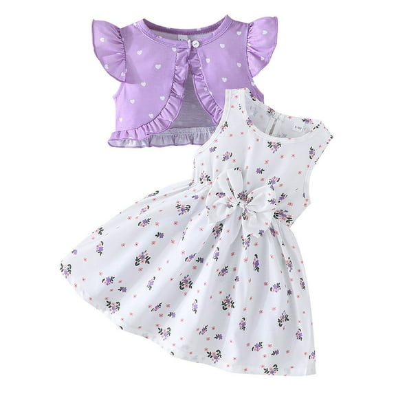 Fozruso Girls Clothing Sets Girls Summer Outfits Baby Girl Cute Heart Print Jacket With Floral Dress Casual Party Picnic Spring Outfit Set For Toddler 6 Months To 3 Years,9-12 Months(Purple)