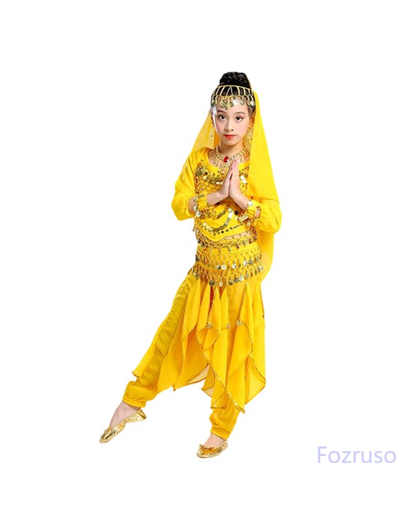 Girls Dance Performance Outfits Ethnic Belly Dance Kids Stage Show Dress With Skirt Girls Outfit 2Pcs Set