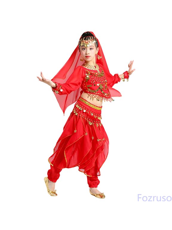 Girls Dance Performance Outfits Ethnic Belly Dance Kids Stage Show Dress With Skirt Girls Outfit 2Pcs Set