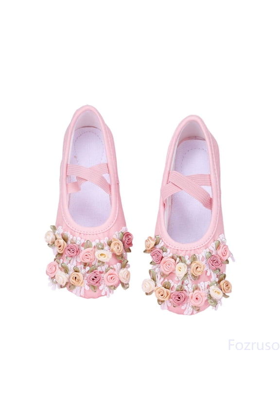 Girls Dance Sandals Soft Sole Ballet Performance Shoes Cute Floral Lace Canvas Pearl For Stage Recital,Sizes 13 Little Kid 7-8 Years(Pink)