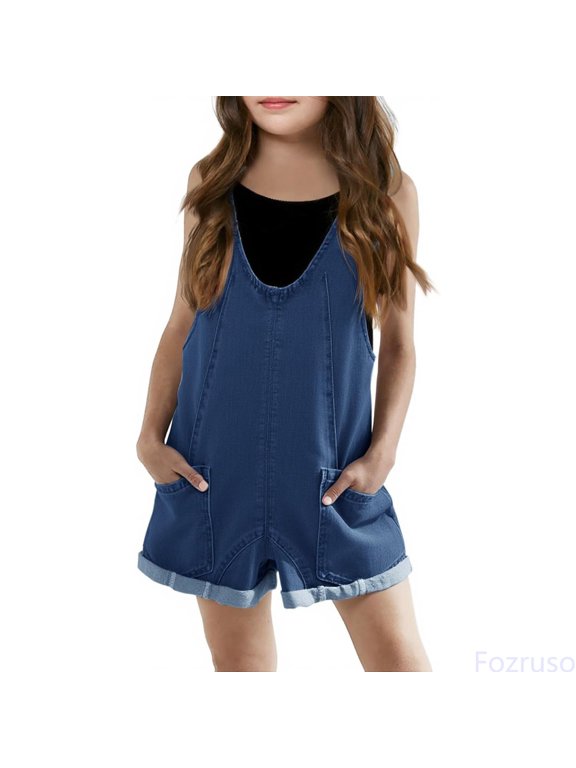 Girls Denim Overall Shorts Kids Summer Adjustable Straps Jumpsuits Jeans Shortalls Summer Casual Jumpsuits Sizes 6-7 Years