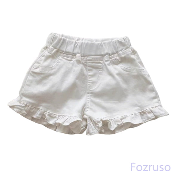 Fozruso Girls Denim Shorts Summer Soft Ruffle Casual Hot For Toddler Kids Fashionable Girls Jean Shorts(White)